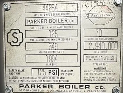 70 HP Parker Industrial Steam Boiler – 1994 Model 125 PSI