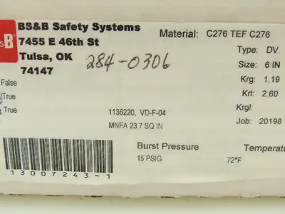 BS&B Safety Systems 1136220. Rupture Disk 6" Type DV 15 psi(G) @ 72°F