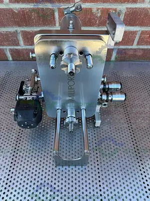USED MILLIPORE STAINLESS STEEL PELLICON FILTER HOLDER W/ ITT VALVES, ACTUATOR