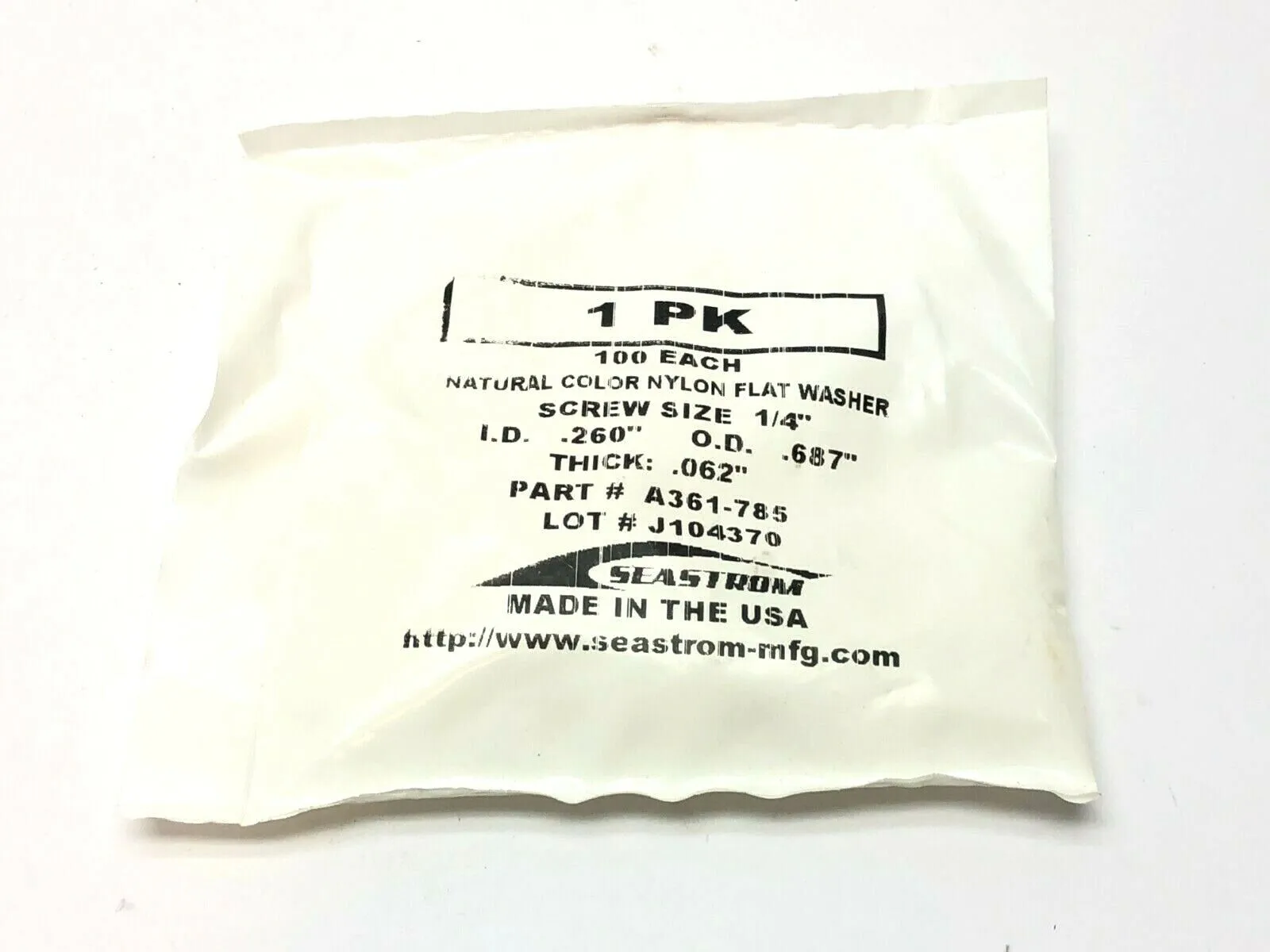 Nylon Plastic Washer for NO.12 Screw Size 0.26" ID 0.688" OD PKG OF 100 - New