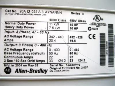 USED Allen-Bradley 20A-D022A3AYNANNN