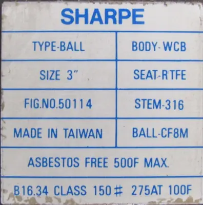 NEW SHARPE 50114 BALL VALVE 3"