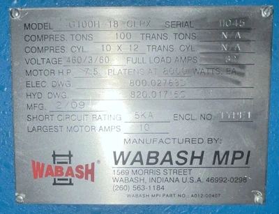 USED 2009 WABASH WABASH G100H-18-CLPX PRESS