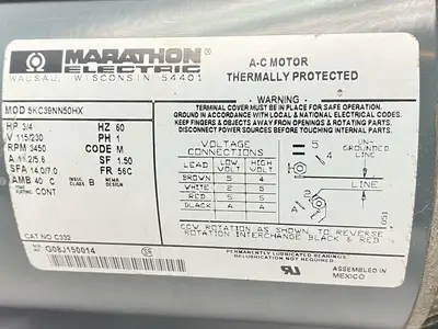 Used Marathon Electric AC Motor 3/4 HP 3450RPM 11.2/5.6A 115/230V C332 A.C. Motors Michigan US | Maverick Industrial Sales #1391743