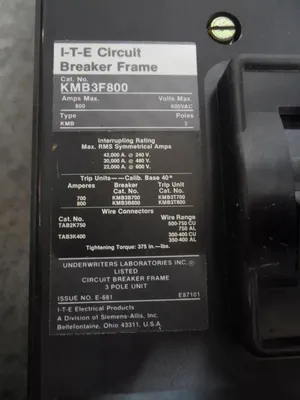ITE KMB3F800 Circuit Breaker 800A Frame 800A Trip Used
