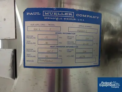 USED Mueller 150 LIter Mueller Reactor, 316L S/S, 35/60#