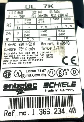 NEW ENTRELEC SCHIELE DL 7K / LI-22S CONTACTOR RC-KO2 DL7K LI22S