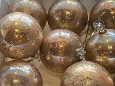 Lot of (11) 6" Mercury Glass Colored Filigree Leaf Ball Ornaments (gold/bronze)