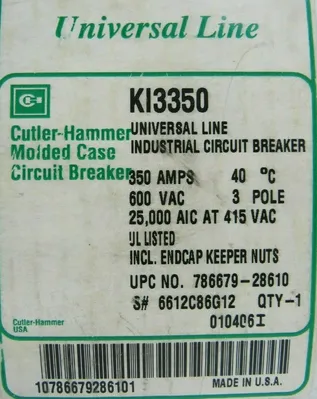 NEW CUTLER HAMMER KI3350 CIRCUIT BREAKER 350A 600VAC
