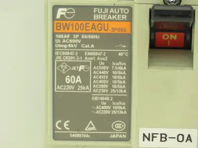 Fuji BW100EAGU-3P060 3-Pole Auto Circuit Breaker 60A 500V 3Ph Molded Case