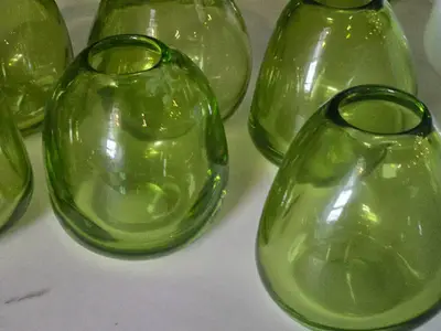 Lot of (6) Handblown Art Glass Table Vases by Holmegaard 4" x 4" (green) (rounded triangle)
