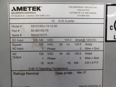 Used AMETEK SOLIDSTATE CONTROLS SS1215OU-13-12-60 Power Inverters Ohio US | Equipment Recovery Corp. #1331258