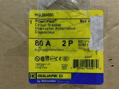 Square D HGL26080C Circuit Breaker 80A 600VAC 250 VDC 2 Pole Type HG 150 New NIB