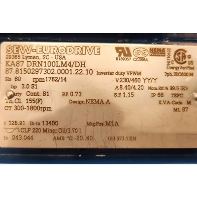 NEW SEW EURODRIVE KA87 DRN100LM4/DH