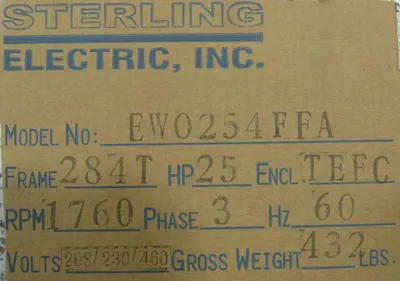 NEW STERLING ELECTRIC EW0254FFA MOTOR 25HP 230/460V 1760RPM 1-7/8" DIA. 284T