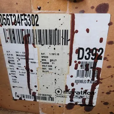 New | in-Stock MARATHON ELECTRIC MARATHON 056T34F5302: 3/4 HP / 3450 RPM / FRAME:. 56C TEFC *NEW* SHRINK WRAPPED IN BOX Motors (misc) | ND Industrial Surplus #1219336