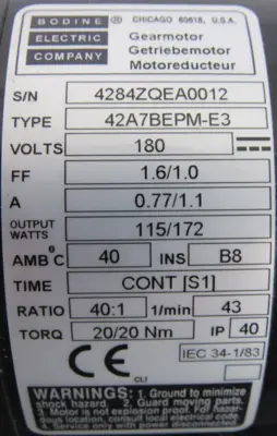 NEW BODINE ELECTRIC 42A7BEPM-E3 GEARMOTOR 40:1 180V 20M4284