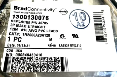 NEW MOLEX WOODHEAD 1R2006A20A120 2P MALE PVC LEADS LOT OF 15