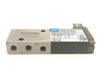 44B-AAA-GDCC-1KT | MAC Valves  Solenoid Operated 4-Way Poppet Valve 24V 10-32 Ports - Used