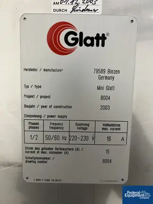 USED Glatt Glatt Fluid Bed Dryer, Model Mini Glatt 3