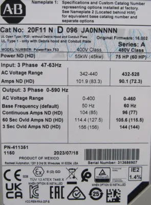 NEW ALLEN BRADLEY 20F11ND096JA0NNNNN POWERFLEX 753 SER.A 75HP MFG 2023