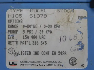 United Electric H105-S137B Pressure Switch 15A 480VAC 5 PSI 34KPa Used
