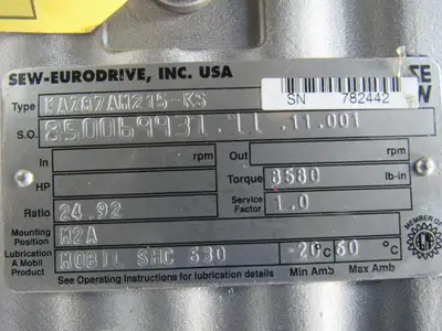 Sew KAZ87AM215-KS 24.92 Ratio 8580# Output Torque 2-3/8" Thru Shaft Gearbox