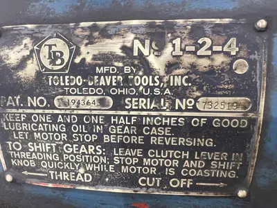 4" TOLEDO BEAVER MODEL #1-2-4 PIPE & TUBE THREADER: STOCK 21684