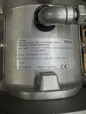 USED 2018 GEA HILGE HYGIA I-1/A-KHF0-H/AO115-OD/CO/2/2 111-QO/MSE