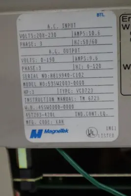 MAGNETEK 53SW2003-0000 VCD 723 3 PHASE AC DRIVE/45SW0000-0000 3HP STOCK 1397-C