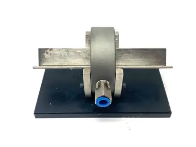 USED MAHR DIMENSIONAIR 2-JET AIR RING GAUGE W/ GUIDE CHUTES & BASE PLATE