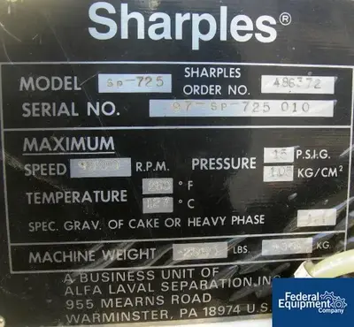 USED Sharples Sharples Super Helix Centrifuge, Model SP725, 316/317 S/S, 10 HP