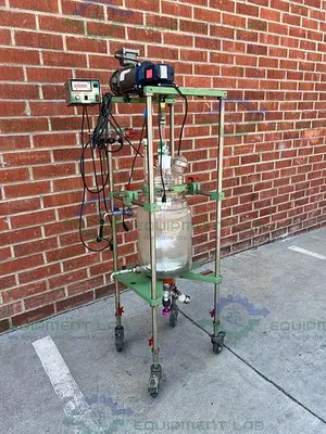 USED CHEMGLASS 20 LITER JACKETED GLASS REACTOR W/ CHEMGLASS OVERHEAD STIRRER