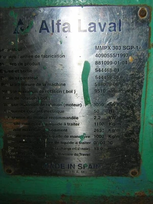 (4) Alfa-Laval MMPX 303 SGP-11 oil purifiers, 316SS.