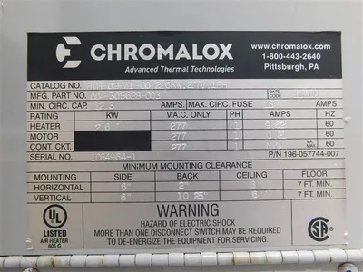 Chromalox HVH-02-71-00 Fan-Forced Electric Heater 277V 2.6kW 9.6A 1 Phase New
