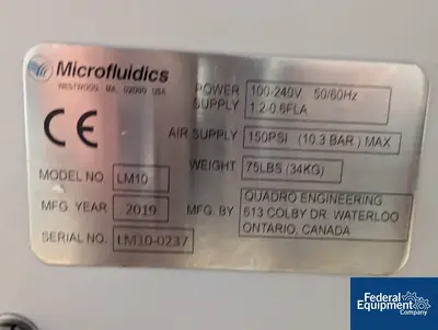 USED Microfluidics Microfluidics Model LM10 Microfluidizer
