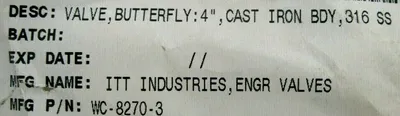 NEW ITT INDUSTRIES WC-8270-3 BUTTERFLY VALVE 4" CAST IRON 316 SS