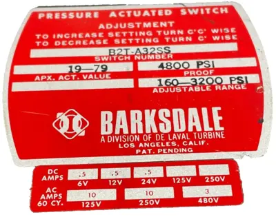 NEW BARKSDALE B2T-A32SS PRESSURE ACTUATED SWITCH 160-3200 PSI B2TA32SS