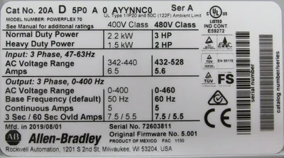 NEW ALLEN BRADLEY 20A-D-5P0-A-0-AYYNNC0 POWERFLEX 70 SER.A 20AD5P0A0AYYNNC0 3HP