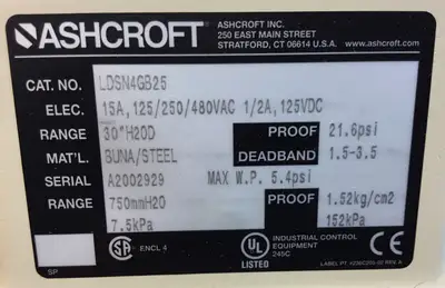 Ashcroft Pressure Switch LDSN4GB25 125/250/480 VAC 30" H2OD 1/2A 21.6PSI 6B