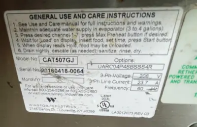 75-0509 Winston CVAP Thermalizer Cook and Hold