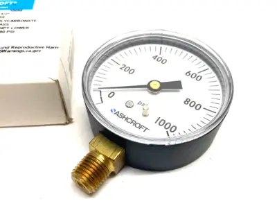 USED ASHCROFT PRESSURE GAUGE 2-1/2" BRASS 0-1000PSI 1/4" NPT