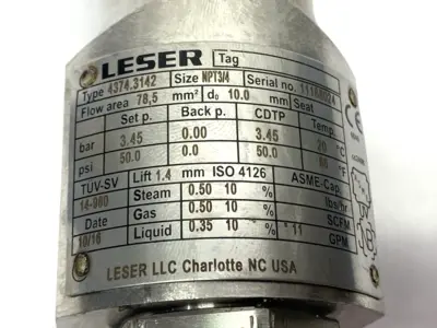 USED LESER SAFETY RELIEF VALVE 3/4" NPT INLET 1" NPT OUTLET 50PSI