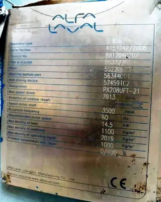 Alfa-Laval S-856 fuel/lube oil purifier, 316SS.