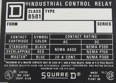 NEW SQUARE D 8501-XO-60 RELAY TYPE X 8501XO60