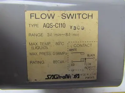 Saginomiya AQS-C110 Flow Switch Range 3L/Min-8L/Min Max Temp 80° 850VA 1/2" NPT