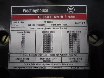 Westinghouse PA32000F AB De-ion Circuit Breaker 2000 Amp Frame 1600A Trip Used