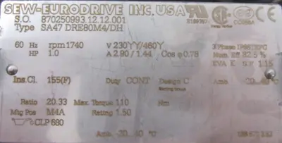 NEW SEW EURODRIVE SA47 DRE80M4/DH GEAR MOTOR 20.23:1 SA47DRE80M4DH