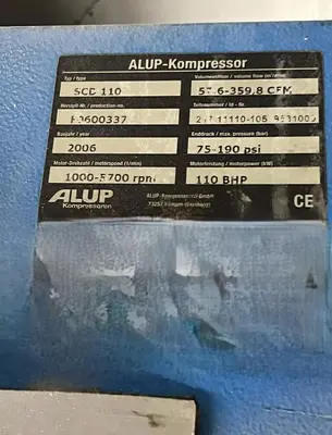 Alup 100hp. Variable speed rotary screw air compressor tested