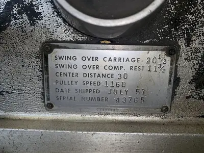 20.5" X 30" LODGE & SHIPLEY POWERTURN ENGINE LATHE, 2-1/8" HOLE: STOCK 13121